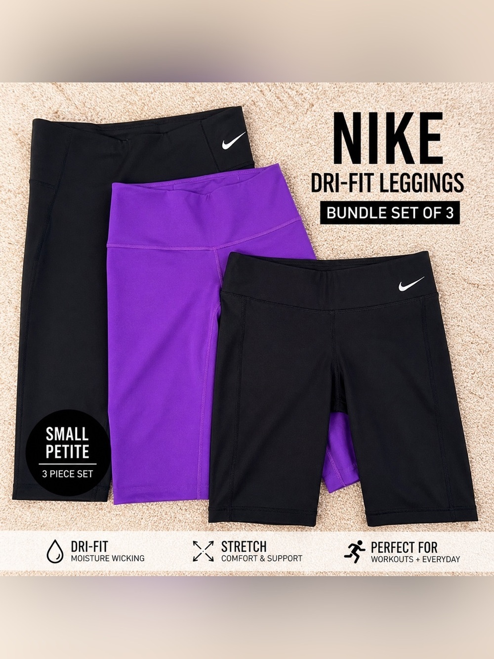 Nike Dri-FIT Leggings Bundle Small Petite Black Purple Capri Workout Set 3pc